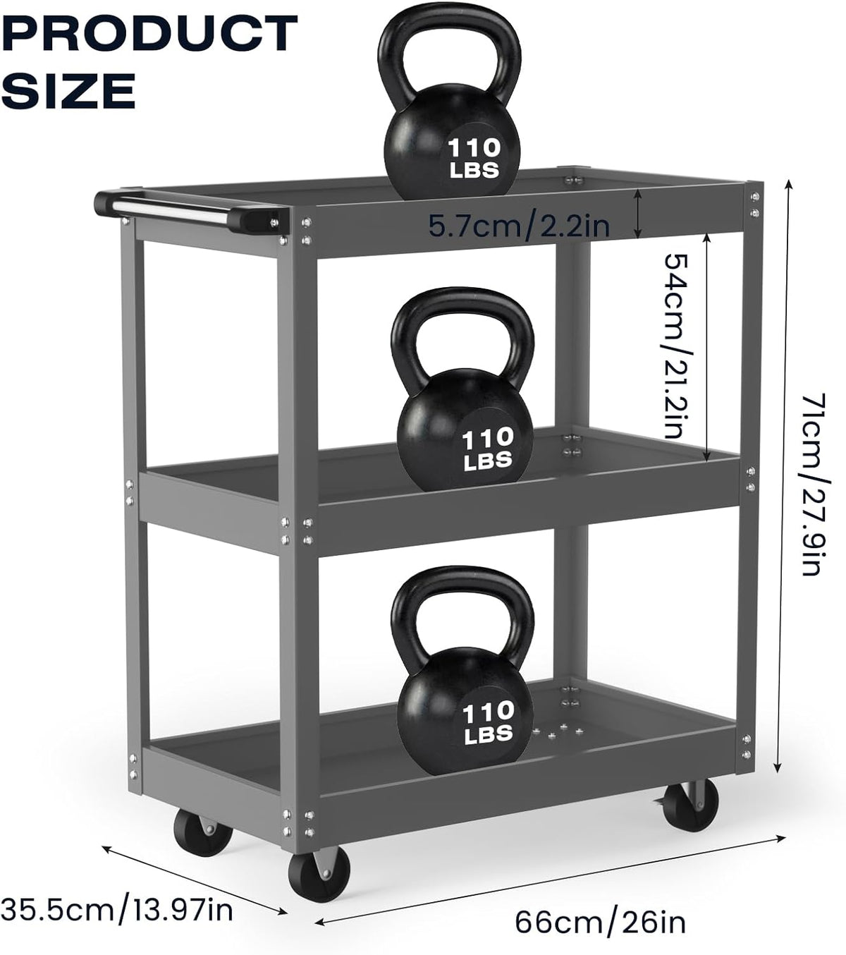 ALANNG 330 LBS Rolling Tool Cart, Heavy Duty Mechanic Cart, Metal Service Cart for Garage Workshop (Grey, 1 Pack)