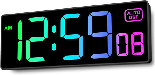 Soobest Large LED Digital Wall Clock 8 RGB Color Changing Display, Corded Plug in Electric Digital Clock with Seconds for Living Room Bedroom Desk Table Office, 5 Dimmers, Auto DST, 10 Inches