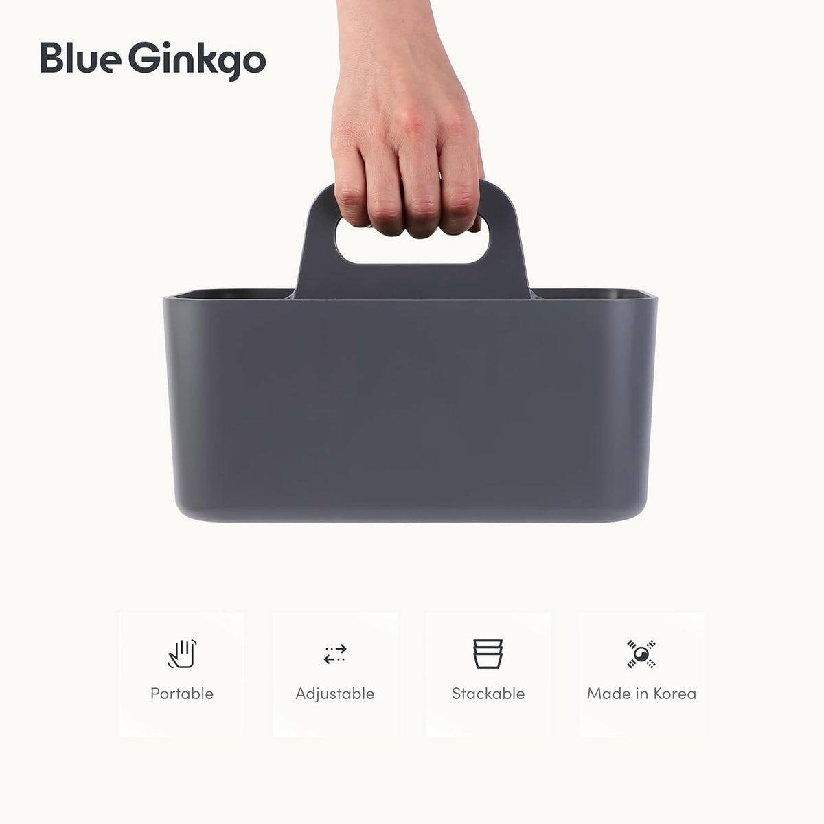 BLUE GINKGO Stackable Organizer Caddy – Korean-Made Portable Tote for Bathroom, Office, Crafts, or School Supplies (Rectangle, Gray)