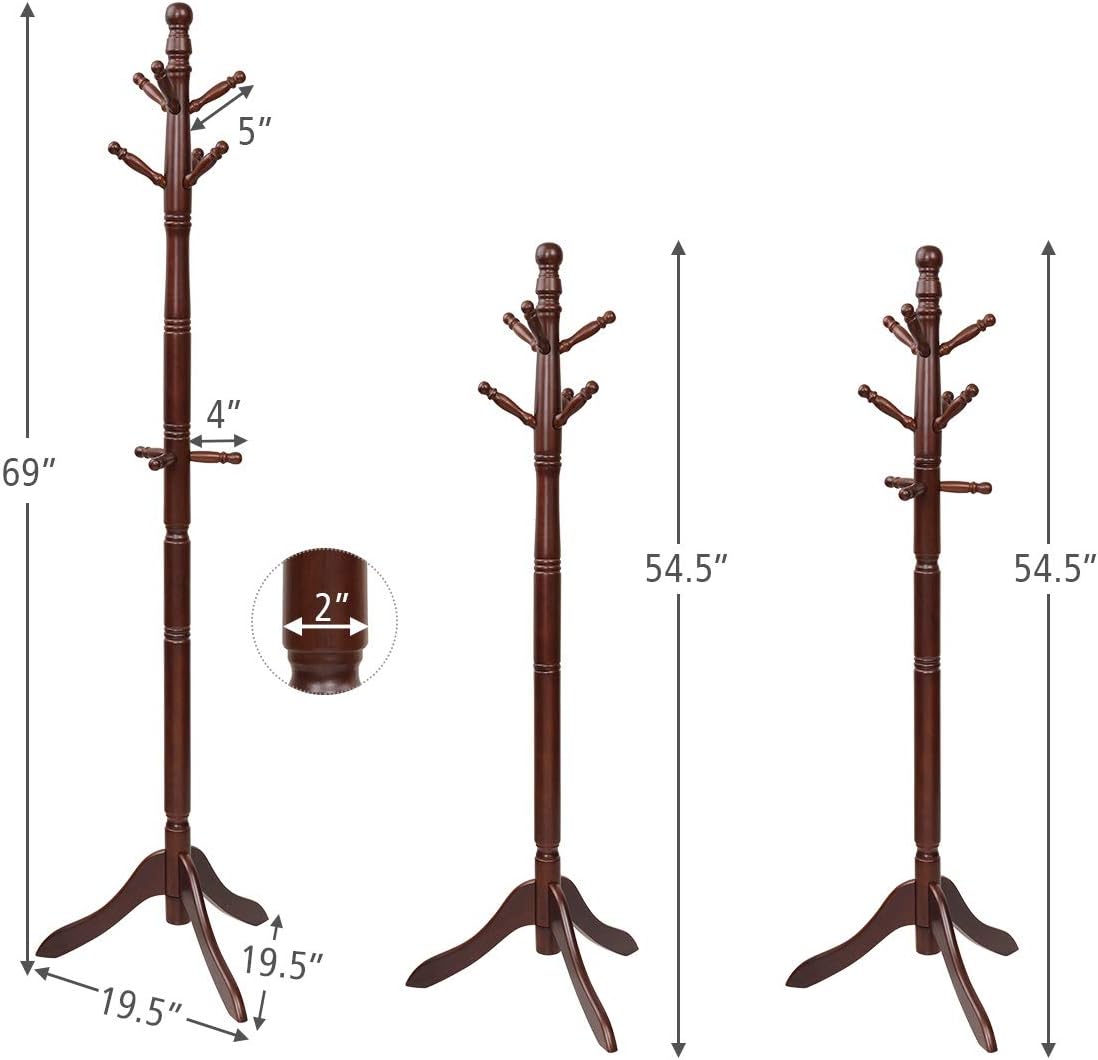 Tangkula Wood Coat Rack Freestanding, Entryway Height Adjustable Coat Stand with 9 Hooks & Stable Tri-Legged Base, Rubber Wood Coat Tree Hall Tree Coat Hanger Stand for Home Office Hall Entryway