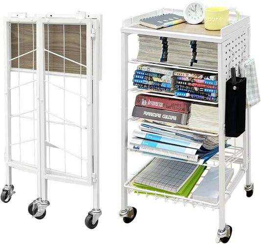 Lumizone Foldable Book Cart 6-Tier Large Capacity Bookshelf Single Sided V-Shaped Sloped Shelves With brake Wheels With PegBoard Slim Rolling Utility Cart Storage Rack, Home Shelves and Office (White)
