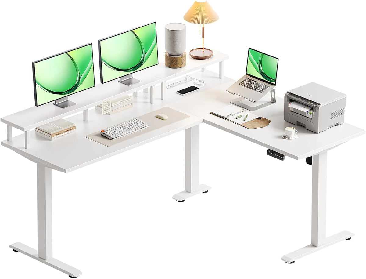 AODK Electric L-Shaped Standing Desk, 59 Inch Height Adjustable Office Desk with Monitor Stand, Sit-Stand Desk with Power Outlets, Large Lift Table for Home, Office, Workstation, White