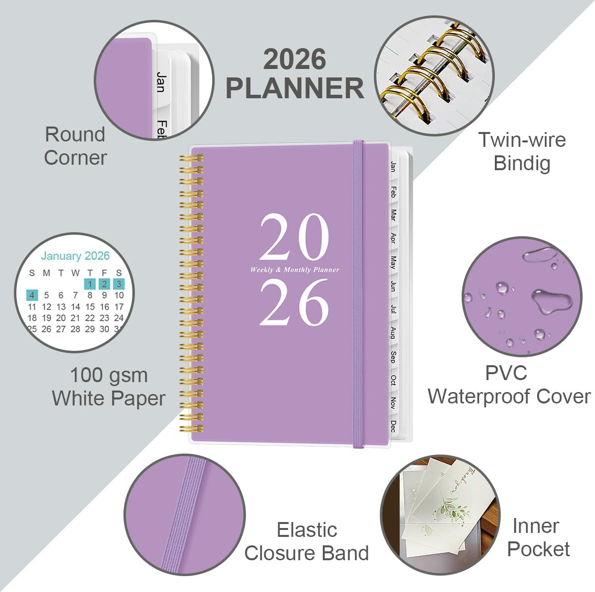 2026 Planner - A5 Weekly & Monthly Planners Spiral Bound, January 2026 - December 2026, 2026 Planner with Flexible Cover, Tabs, Inner Pocket, 6.4" x 8.5", Purple
