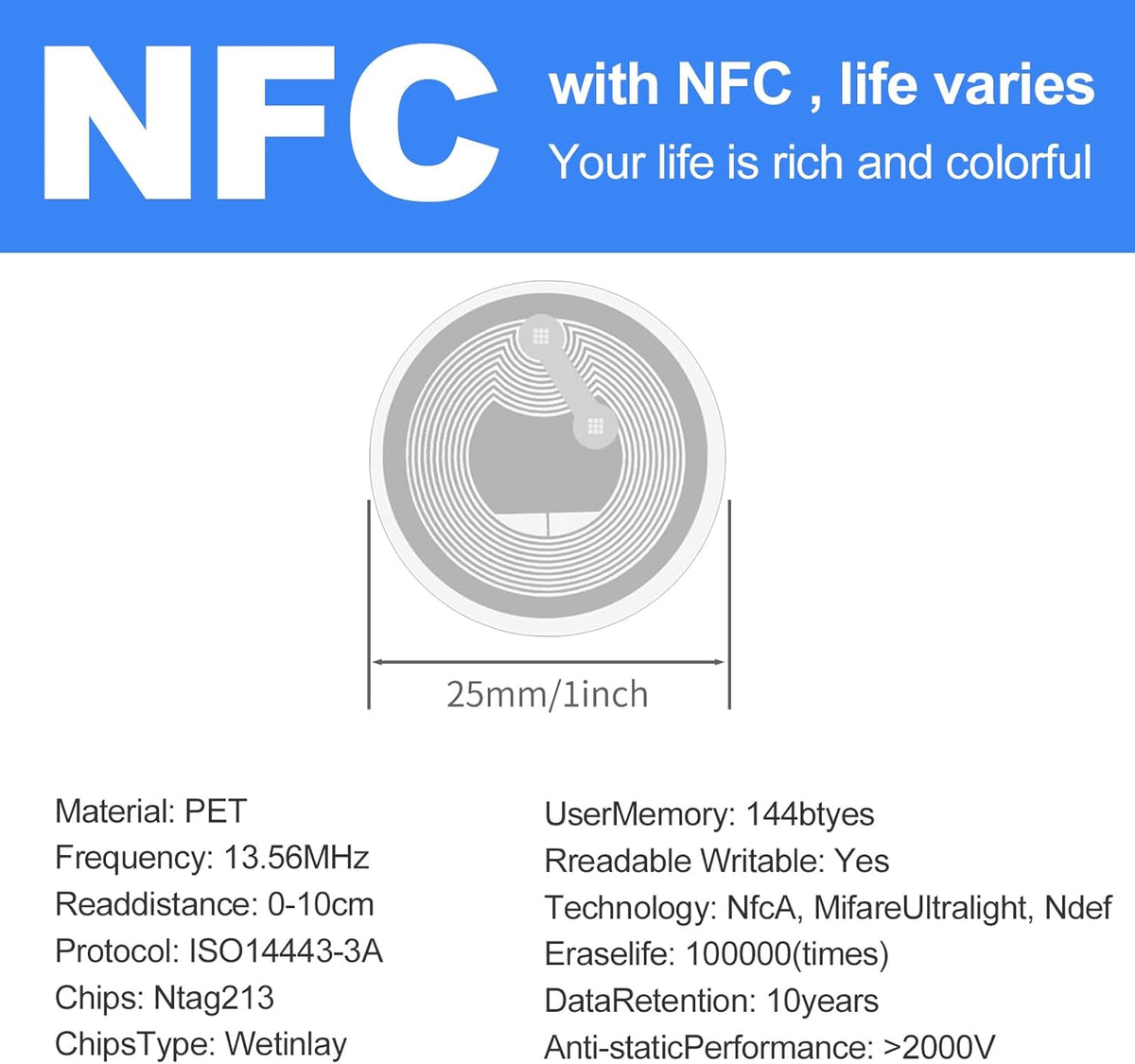 1000 PCS Round NFC Tags Stickers - NTAG213 Chip, Blank, Adhesive Labels, RFID Tags, Rewritable, 137 Bytes Memory, Compatible with All NFC-Enabled Smartphones and Devices