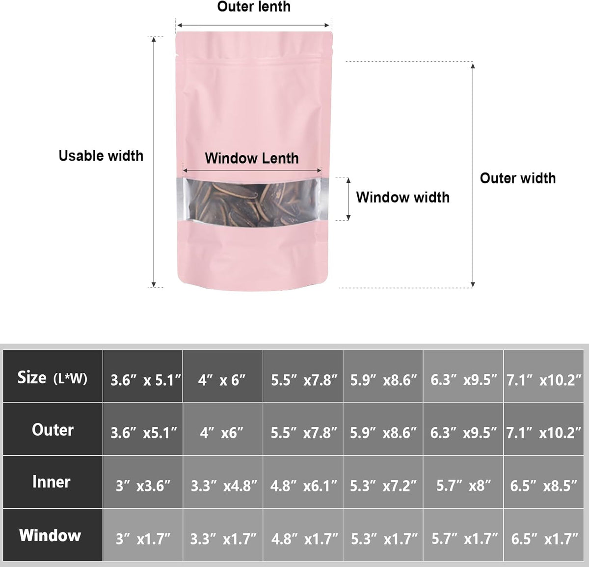 5.9"x8.6" 120pcs Mylar Bags for Food Storage,Smell Proof Bag with Matte Window Resealable Food Storage Bags for Small Business, Stand-up Foil Pouch Packaging Freeze Dried Candy Bag(Pink)