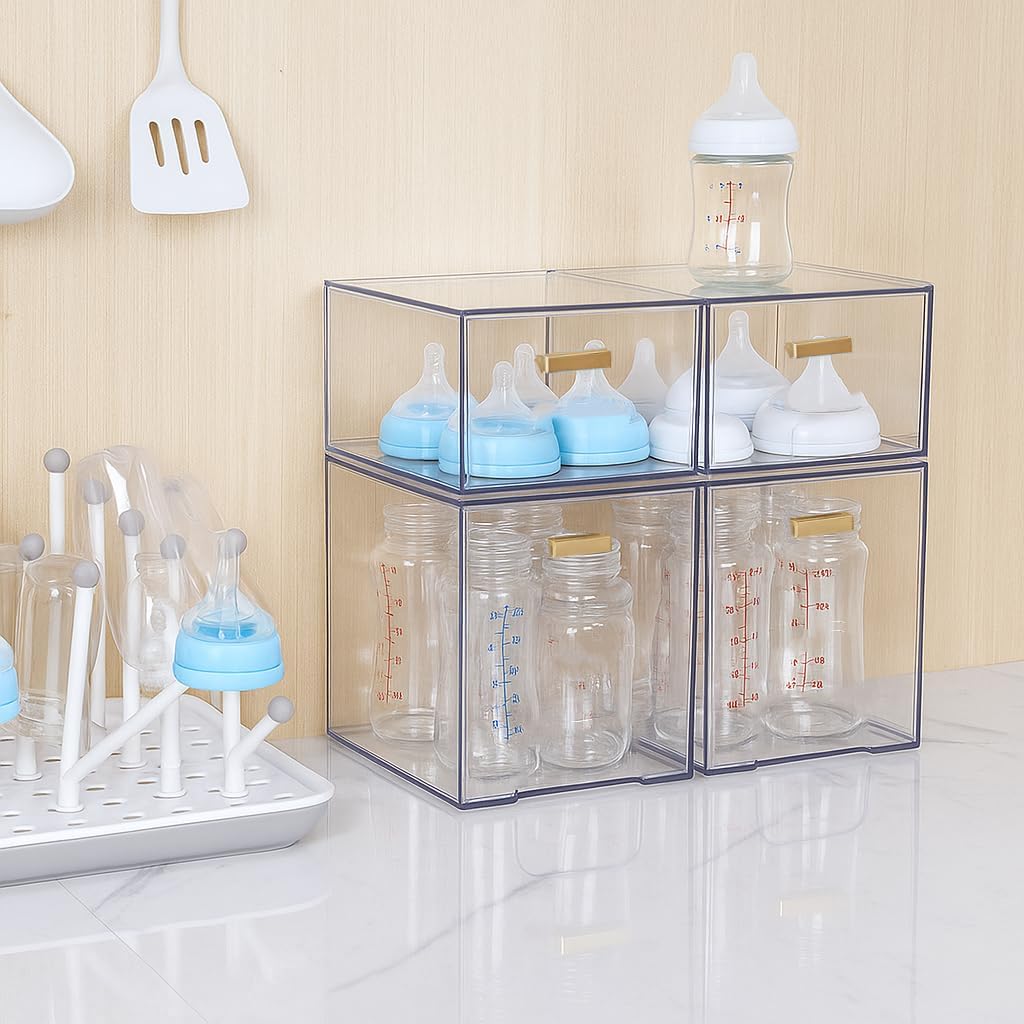 4 Pack Stackable Clear Acrylic Storage Drawers with Golden Handles, Plastic Drawer Organizers for Makeup, Kitchen, Bathroom, Office, Under Sink & Cabinet Organization(6.7"D x 10.6"W x 12"H)