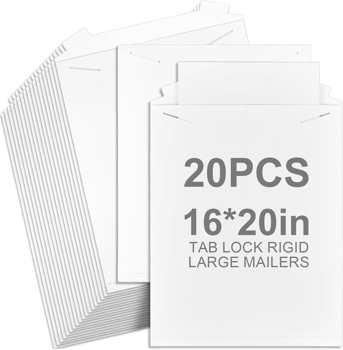 20 Pack 16x20 in Tab Lock Rigid Mailers Extra Large Sturdy Keep Flat Mailers Cardboard Envelopes Kraft Paper 250 Gsm for Shipping Photos, Packing Documents, Gift Cards, Cds, Art Prints, White