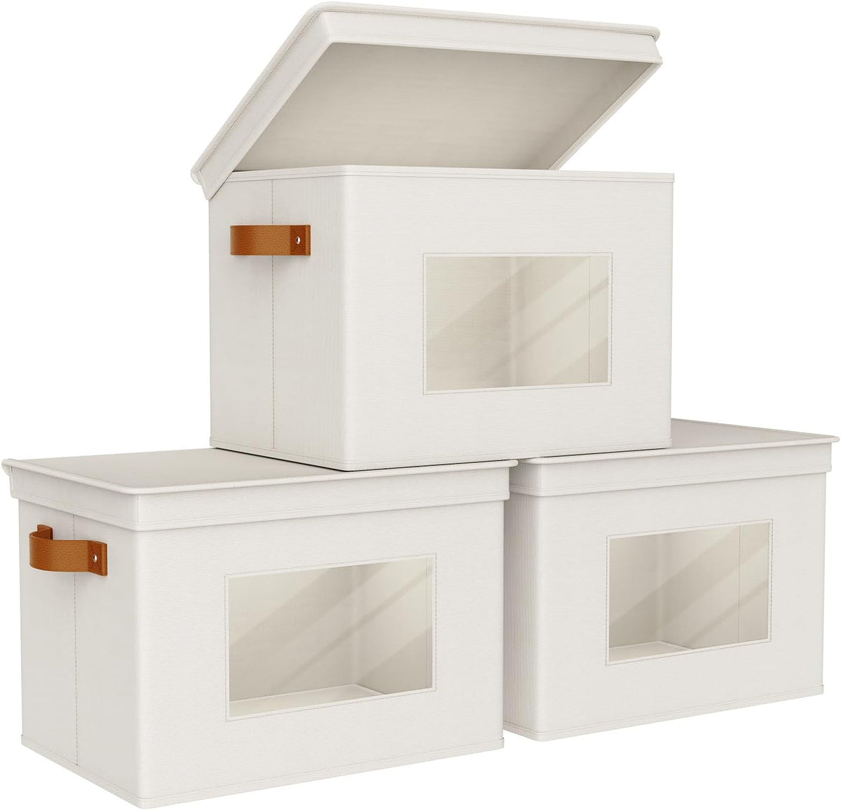 Univivi Storage Boxes with Lids Fabric Foldable Storage Bin for Clothes, [3-Pack] Closet Organizer Containers boxes with Handles for Home, Bedroom, Closet Storage (Beige,17” x 12” x 12")