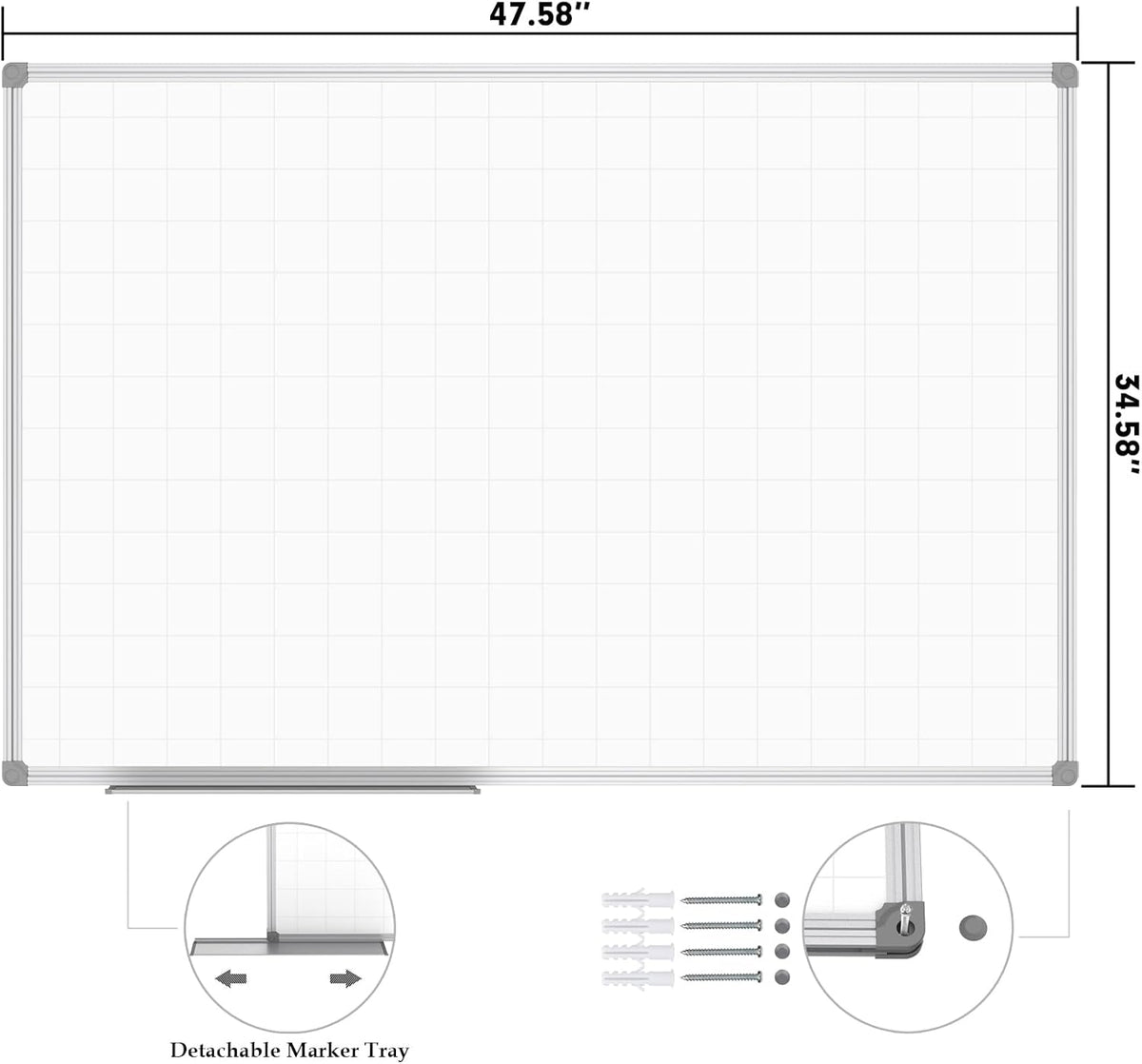 JILoffice Magnetic Dry Erase Planning Board, Grid Pattern White Board 48 x 36 Inch, Silver Aluminum Frame with Detachable Marker Tray for Office School and Home