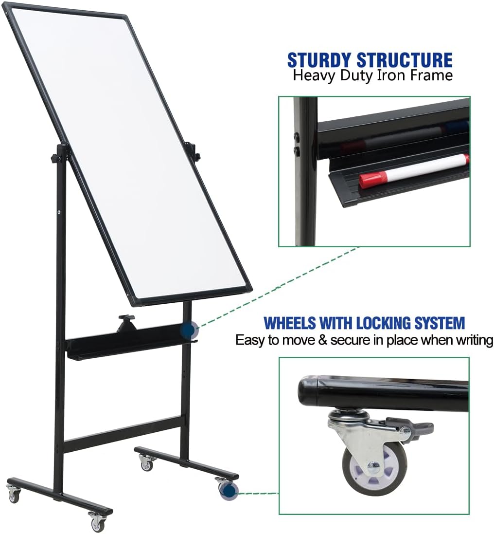 40" x 28" Double-Sided Mobile Whiteboard with Wheels | Rolling Magnetic Dry Erase Board on Stand | Adjustable Height Black Frame White Board for Office, Classroom & Home