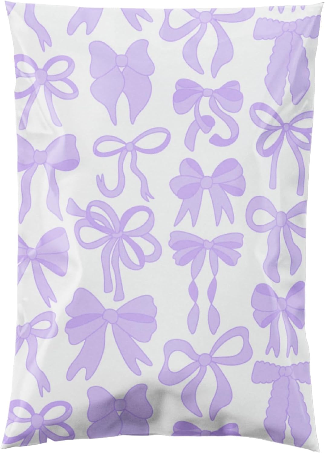 10x13 Designer Poly Mailer 100 Pack Heavy Duty Waterproof Self Seal Shipping Bags for Small Business Large Mailing Envelopes Bulk Tear Resistant Packaging Purple Bows