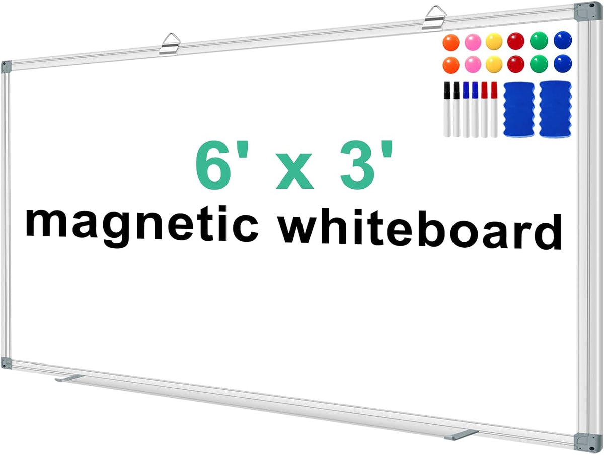 H-Qprobd Dry Erase White Board for Wall 6' x 3' Large Magnetic Whiteboard 72"x36" Aluminum Presentation Whiteboard with Long Pen Tray, 6 Markers, 2 Erasers &12 Magnets