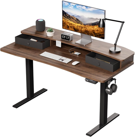 HUANUO 55" x 26" Electric Standing Desk with 2 Drawers, C-Clamp Mount Compatible, Height Adjustable Computer Desk, Home Office Stand Up Desk with 4 Preset Heights & 2 Hooks, Walnut