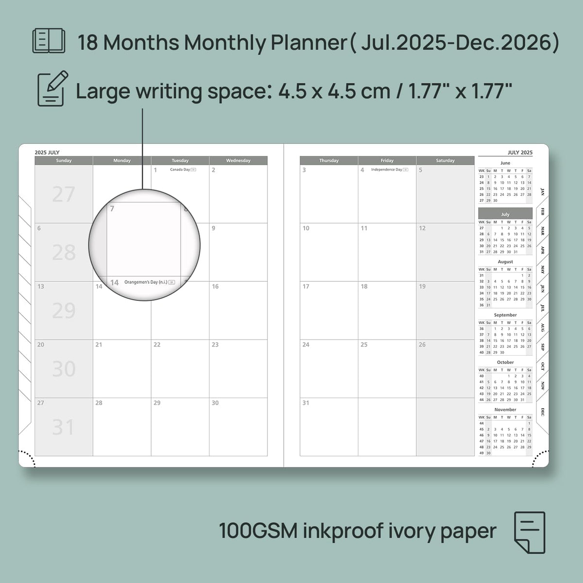 POPRUN Monthly Planner 2025-2026 (Large- 8.5" x 10.5" Soft Cover), 18-Month Calendar Book (Jul.2025-Dec.2026), Calendar Planner with Monthly Tabs & Pocket, 100 GSM Paper - Green