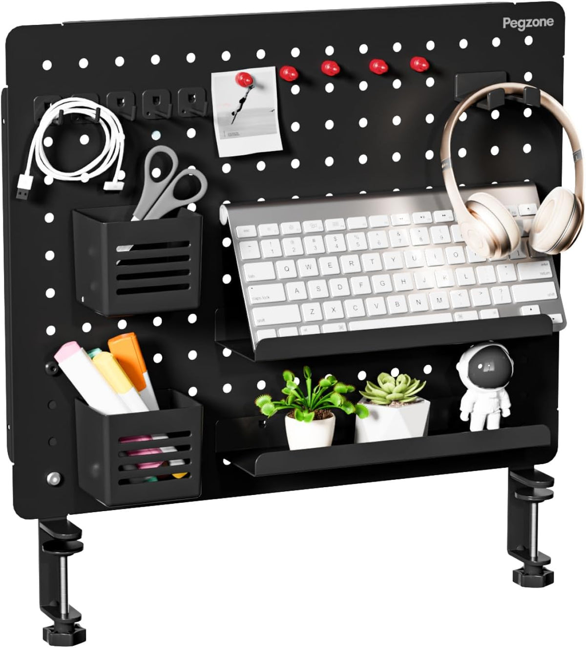 Clamp-on Desk Pegboard, Desk Organizer for Office Gaming Home, Magnetic Metal Peg Board with 15 Accessories, Privacy Panel for Office, 20.4" x 16.5", Large, Black
