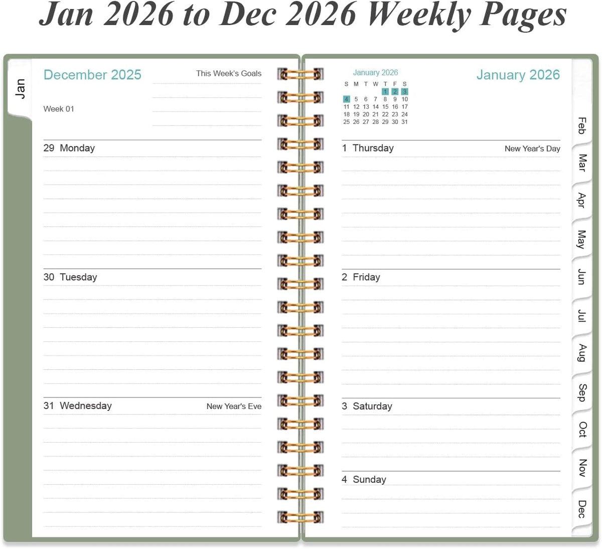 2026 Pocket Planner/Calendar - Planner from January 2026 - December 2026, Planner 2026 with 12 Tabs, Twin-Wire Binding, Inner Pocket, 3.75" x 6.75", Green