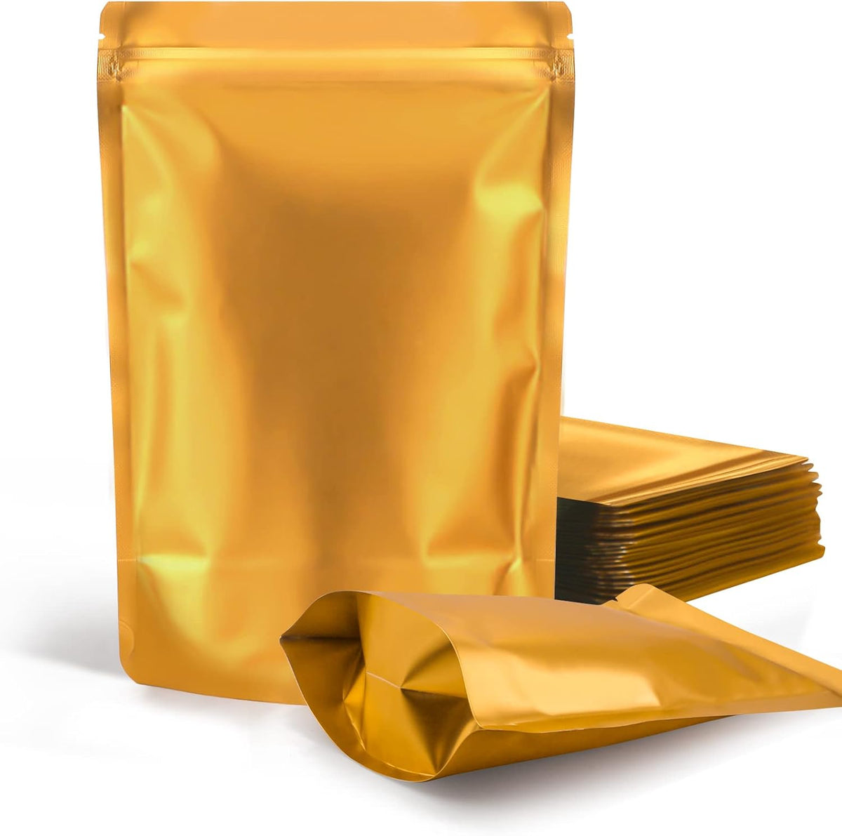 100 Pack Resealable Stand Up Bags,7.1" x 10.2" Smell Proof Pouch Sealable Foil Pouch Bags for Packaging (Gold)