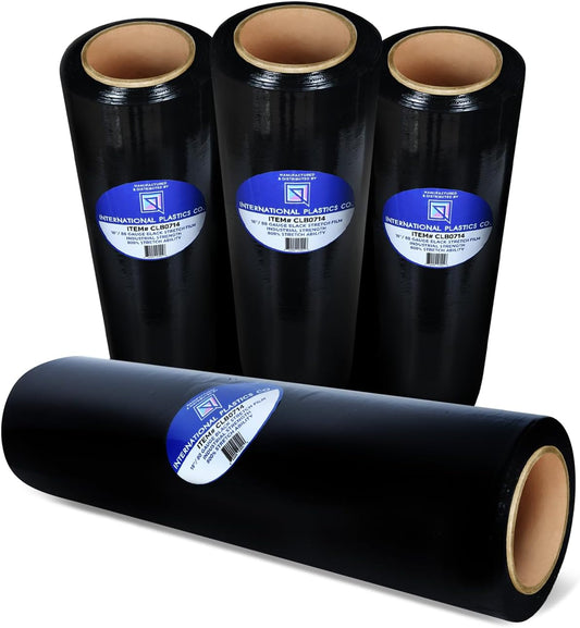 International Plastics Co. Black 18" Stretch Film/Wrap 1500 feet 7 Layers 80 Gauge Industrial Strength 800% Stretch 20 Microns Durable Adhering Packing Moving Heavy Duty Shrink Film (4 Pack, Black)