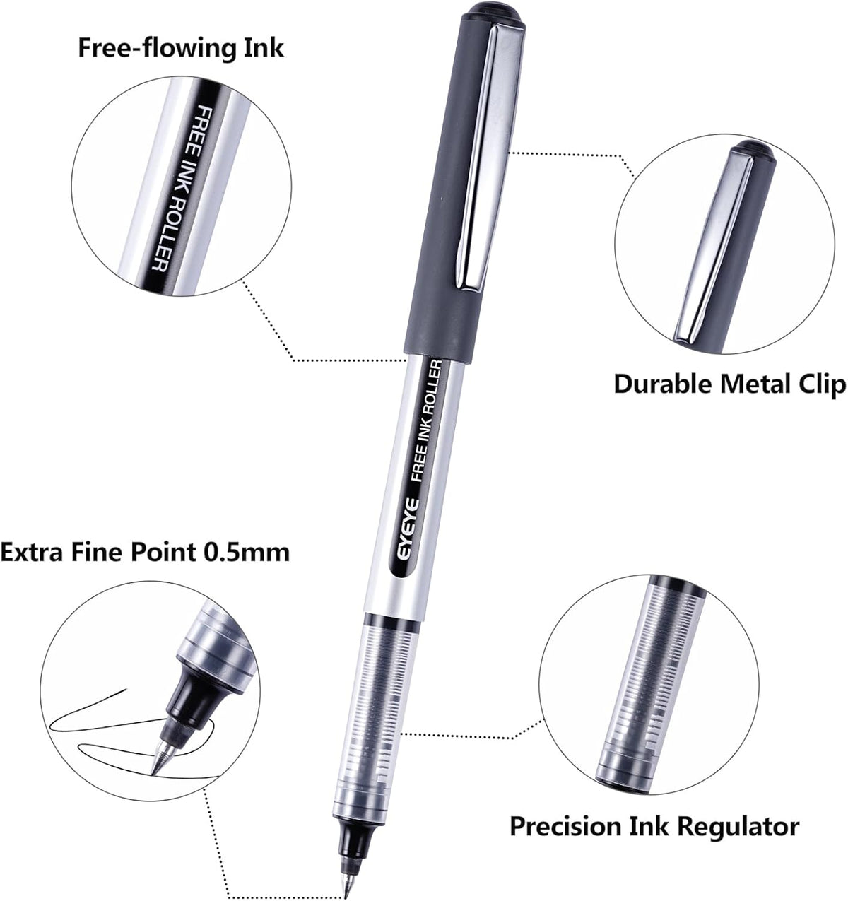 EYEYE Rollerball Pens 0.5mm Black 50 Pack, Extra Fine Point Quick Dry Liquid Ink Roller Ball Pens Fine Point Smooth Writing Pen for Journaling, Note Taking, Office, School Supplies