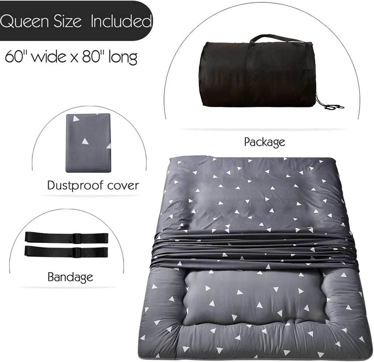 Grey Triangle Japanese Floor Futon Mattress, Tatami Floor Mat Portable Camping Mattress Kids Sleeping Pad Foldable Roll Up Floor Lounger Pillow Bed Queen Size with Mattress Protector Cover