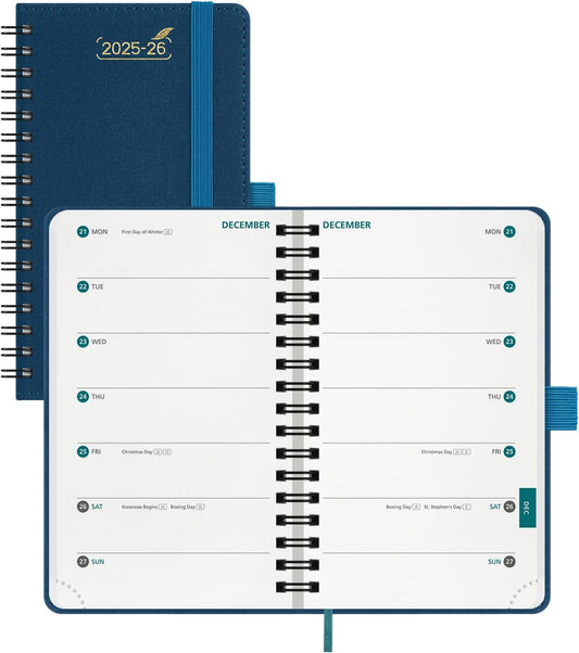 BEZEND Pocket Planner 2025-2026 Weekly with 2 Columns, 18-Month Academic Calendar (Jul 25-Dec 26), Life Work App., Storage Pocket, Pen Holder, PU Leather Softcover 3.5" x 6" Spiral - Prussian Blue