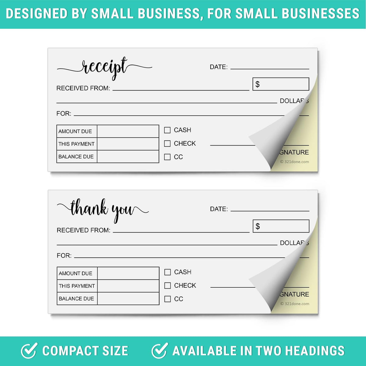 321Done Receipt Book 2-Pack, 2.75x6 Pocket Size 2-Part Carbonless, Made in USA, Cute Handheld Duplicate Copy Order Form for Craft Boutique Business (50 Sets) White/Yellow