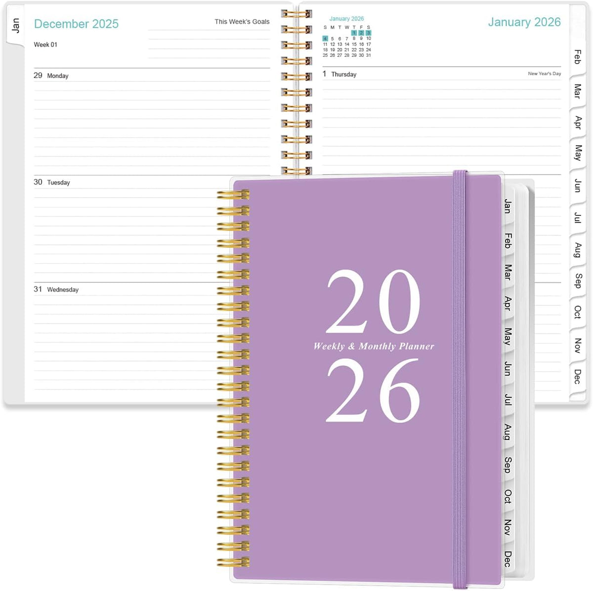 2026 Planner - A5 Weekly & Monthly Planners Spiral Bound, January 2026 - December 2026, 2026 Planner with Flexible Cover, Tabs, Inner Pocket, 6.4" x 8.5", Purple