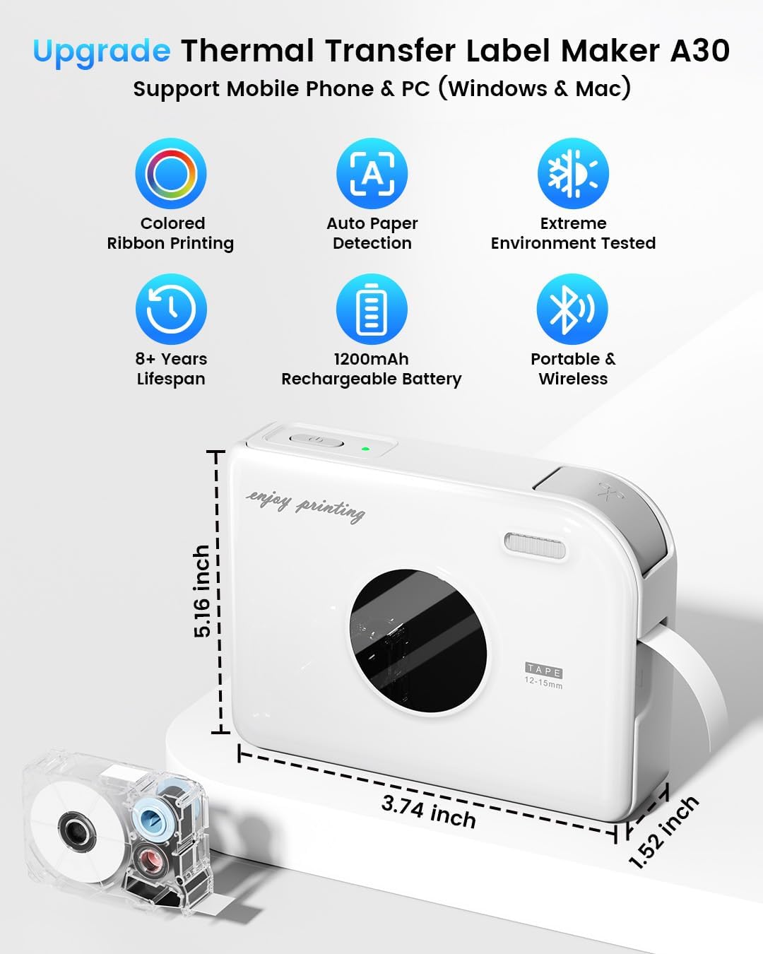 Wire Cable Industrial Label Maker, Heat Shrink Thermal Transfer Label Printer Portable Bluetooth Labeler with 0.47" Label, In/Outdoor Handheld Labeling Machine for Job Sites, APP Fast Create and Print