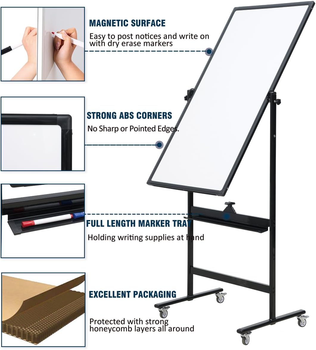 40" x 28" Double-Sided Mobile Whiteboard with Wheels | Rolling Magnetic Dry Erase Board on Stand | Adjustable Height Black Frame White Board for Office, Classroom & Home