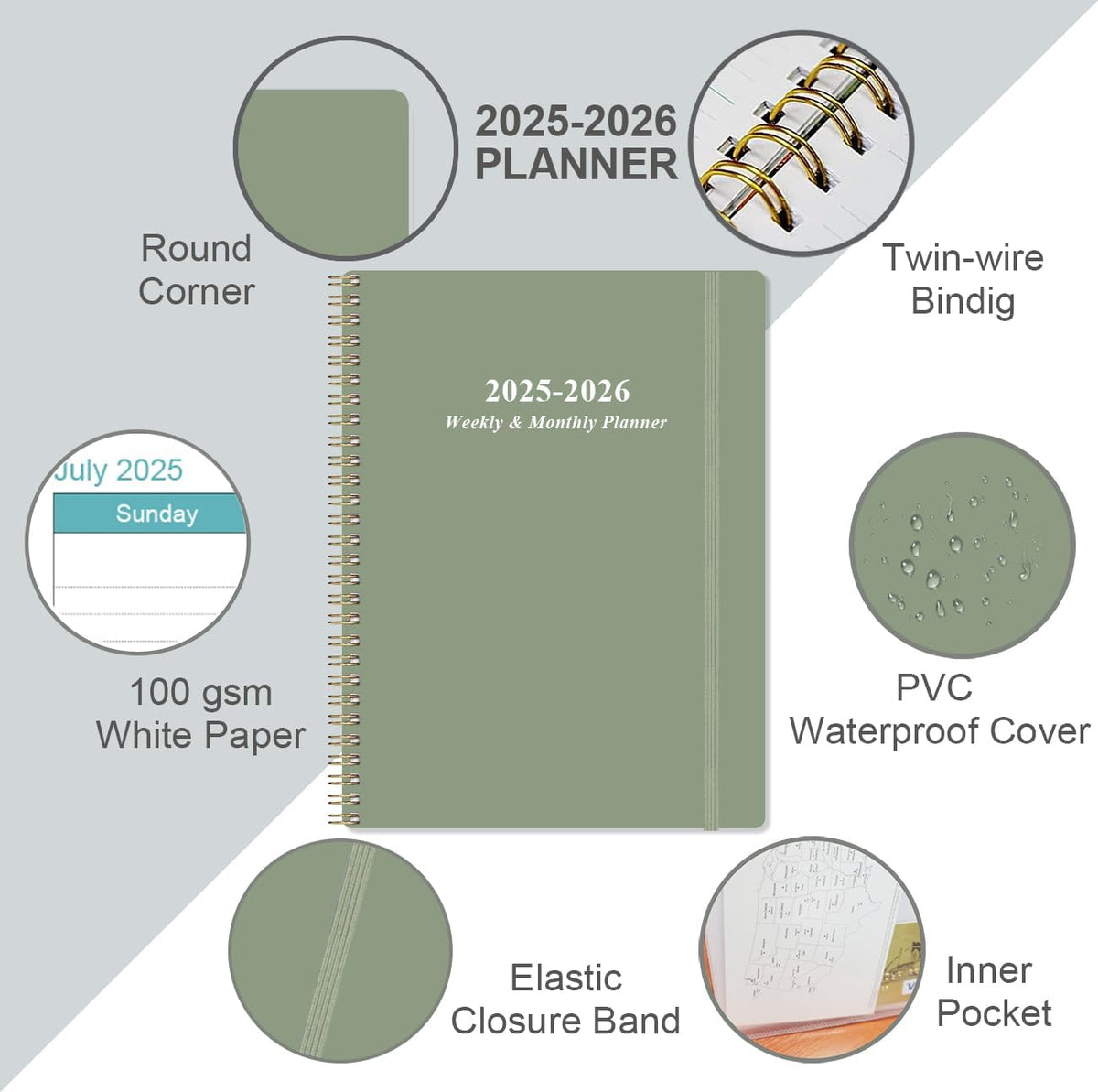 2025-2026 Planner - Academic Planner 2025-2026 from July 2025 to June 2026 with 12 Monthly Tabs, Flexible Cover, Inner Pocket, 8.5" x 11", Green