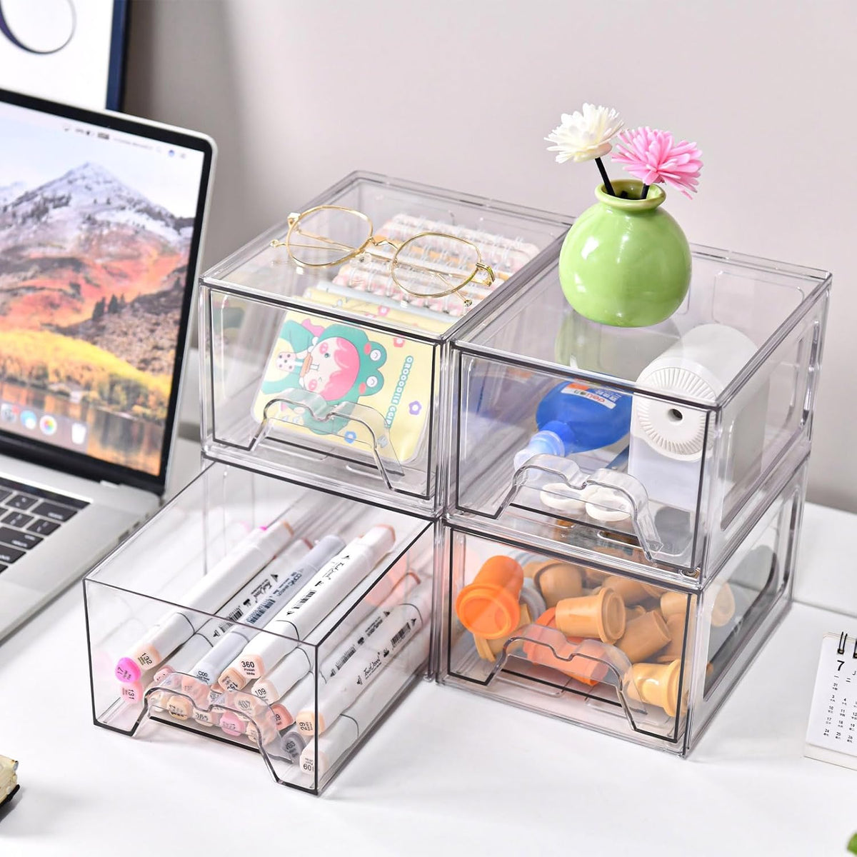 8 Pack Stackable Makeup Organizer, 4.4'' Tall Acrylic Bathroom Makeup Organizer and Storage Drawer with Pull-out Handle, Clear Plastic Storage Bins for Vanity,Pantry,Desk,Undersink,Kitchen
