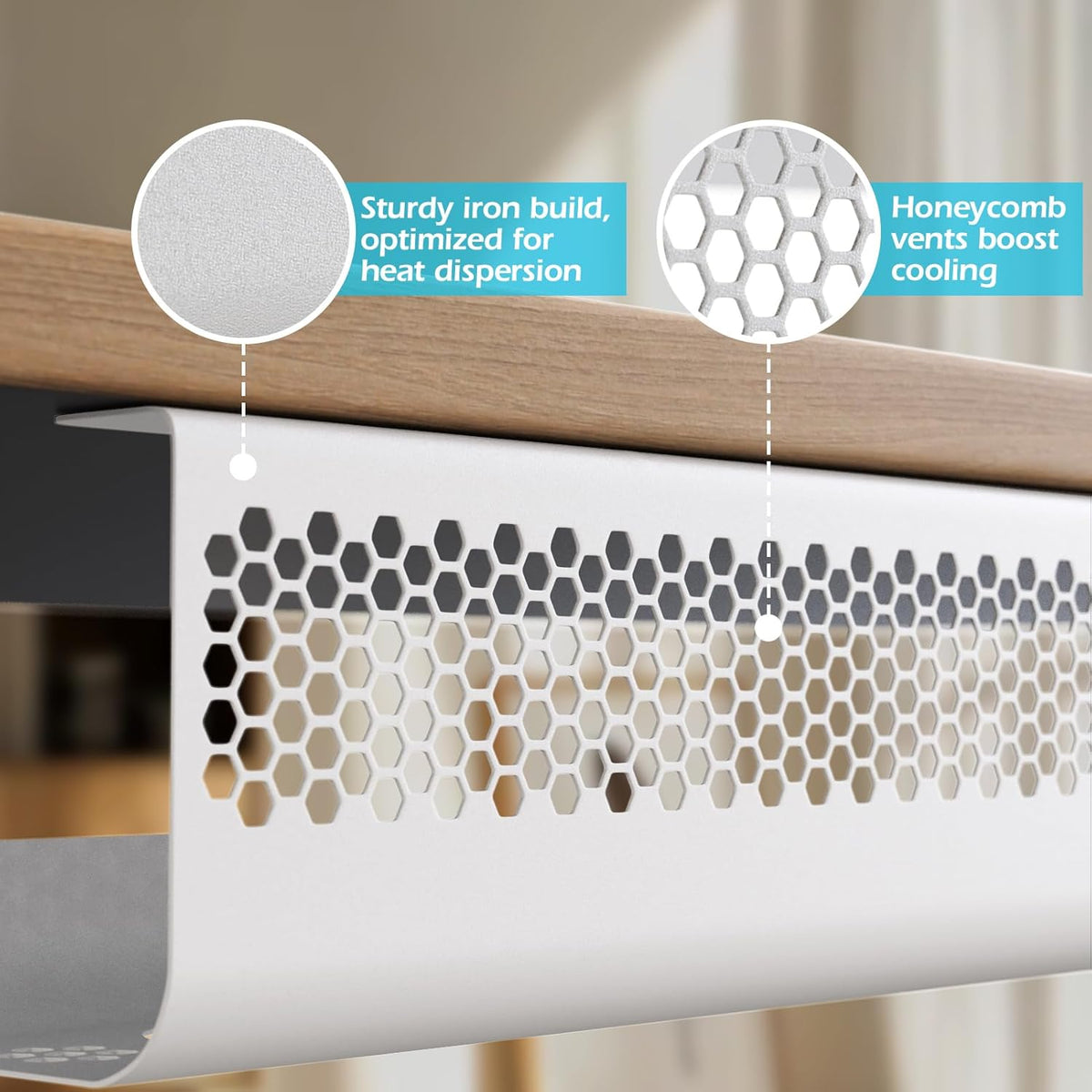 KHAMAL Cable Management Under Desk 26PCS - Cable Management Tray Kit Ventilated Hexagonal Design with Cable Clips, Wire Ties, Cord Holder & Screws for Office, Home - 2 White Sets