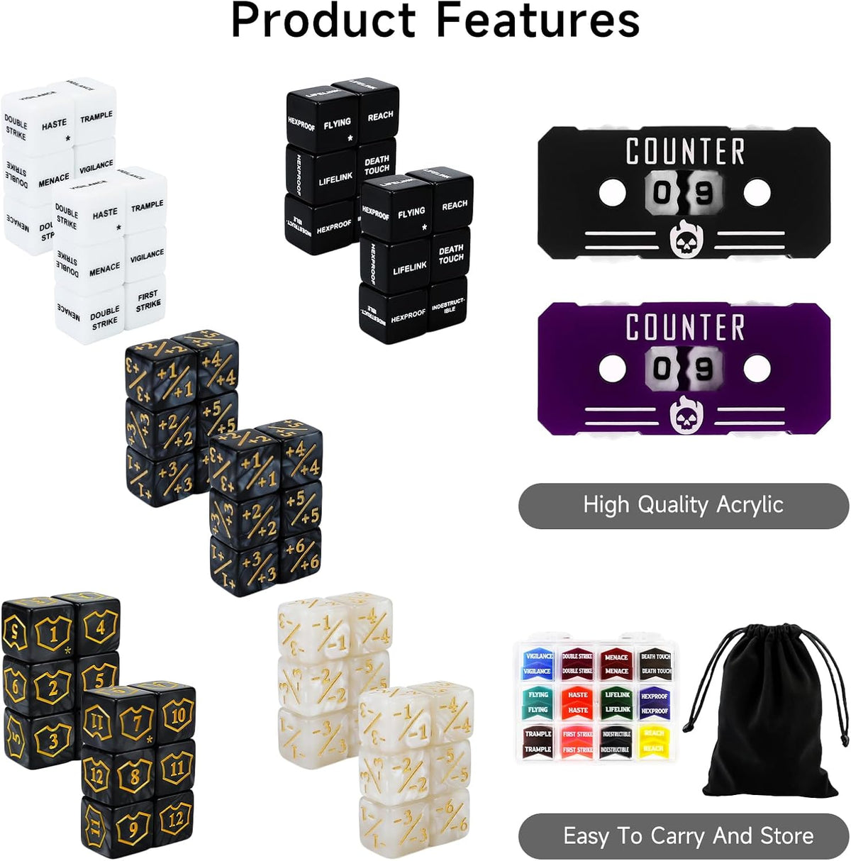 SIXPOINTS 122Pcs MTG Dice Counters Keyword Counters Life Counter 1/+1 counters Commander Buff Tokens 6 Sided Dice Set for Magic The Gathering, MTG, TCG, Card Games Accessories (A-122PCS/SET)
