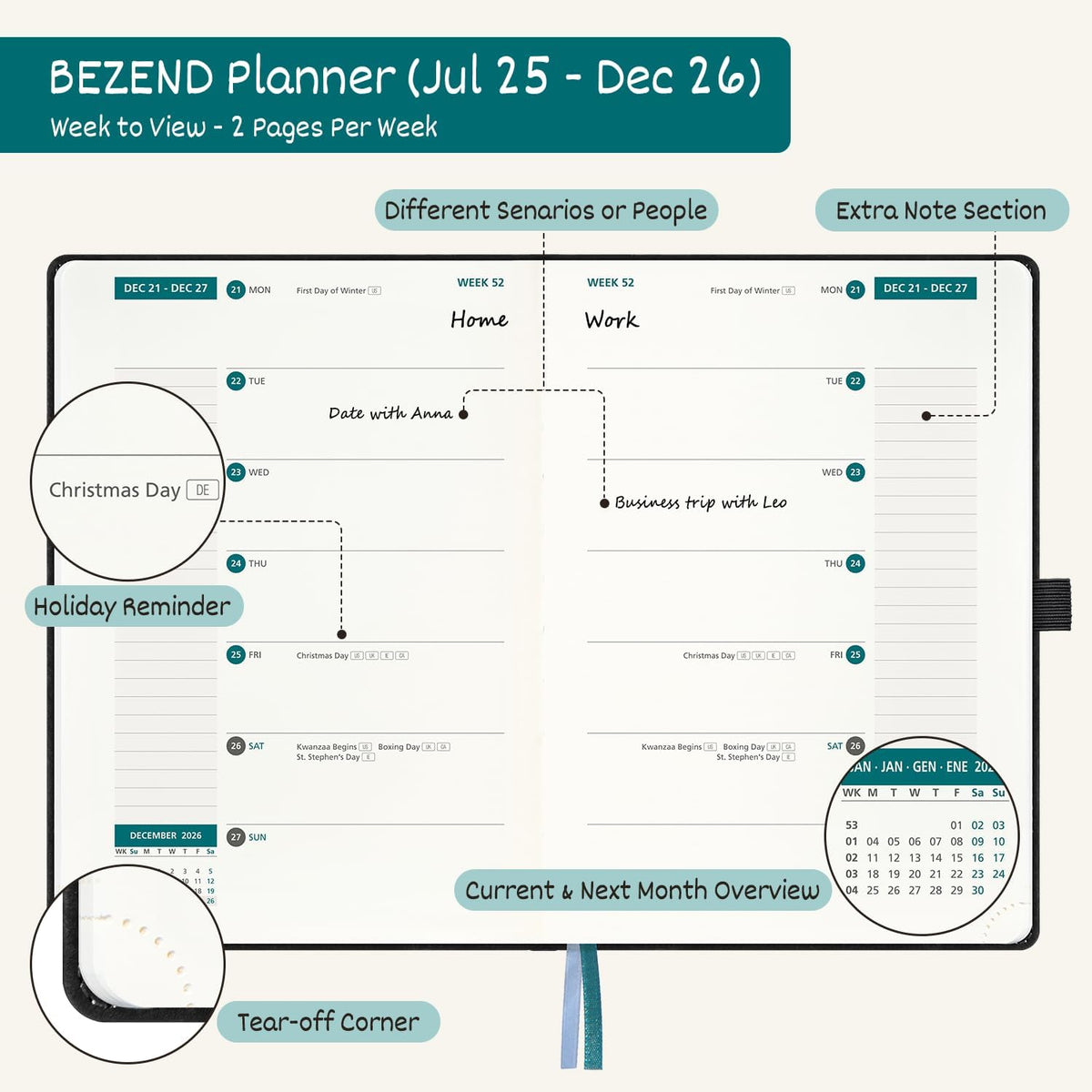 BEZEND Weekly Planner 2025-2026 with 2 Columns, 5.8" x 8.5" Academic Calendar 18 Months (Jul 25-Dec 26) Life Work Appointment Book with Monthly Tab, PU Leather Hardcover - Black