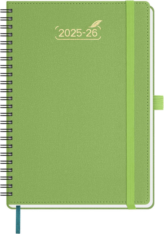 BEZEND Weekly Planner 2025-2026 with 2 Columns, 5.8" x 8.5" Academic Calendar 18 Months (Jul 25-Dec 26) Life Work Appointment Book with Monthly Tab, PU Leather Softcover Spiral - Fruit Green