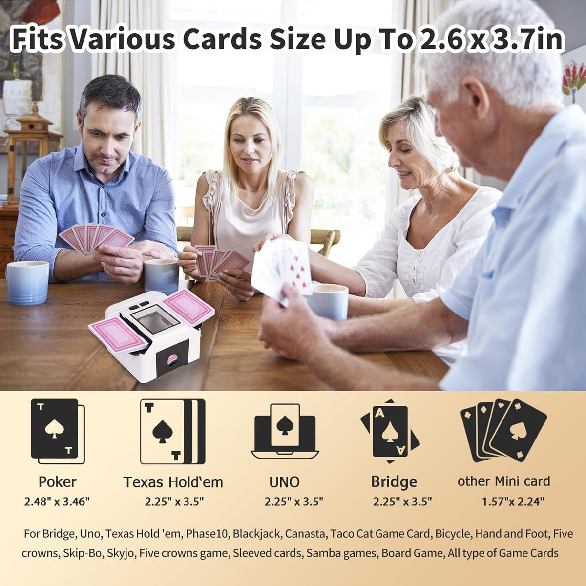 Rechargeable Automatic Card Shuffler 2 Decks, 2000 mAh Built in Battery USB-C Charge, Low Noise Fast Shuffler, Smart Auto Shuffler for UNO Poker Skip-Bo Canasta Texas Hold'em Skyjo