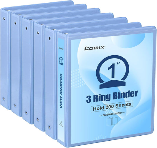 COMIX Standard 3 Ring Binder 1 inch with Clear View Cover, 1" Round Ring View Binder Holds 200 Sheets of US Letter Size Paper for School Office Supplies, 6 Pack (Pale Blue)