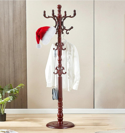 Wooden Coat Rack Free standing 18 Hooks, Vintage Coat Rack Stand for Entryway, Adjustable Height 73", Heavy Duty Coat Tree with Solid Round Base for Home Bedroom, Office (Walnut)