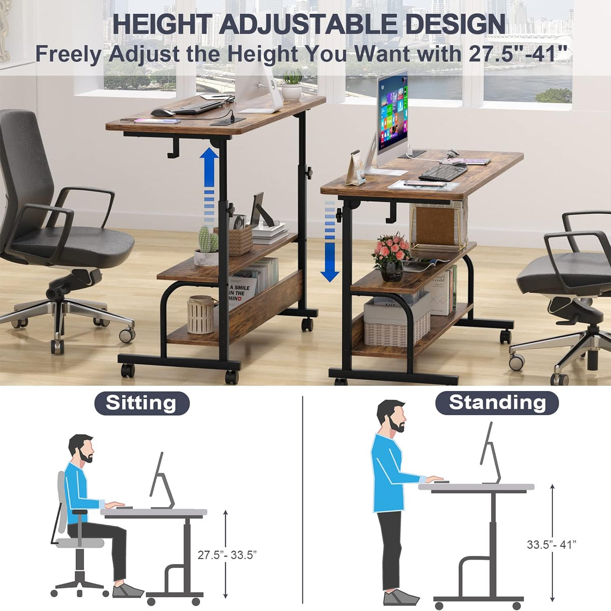 Armocity Height Adjustable Standing Desk with Power Outlets, 39" Manual Stand Up Desk with Storage Shelves Small Mobile Rolling Computer Desk Portable Laptop Table with Wheels for Home Office, Rustic