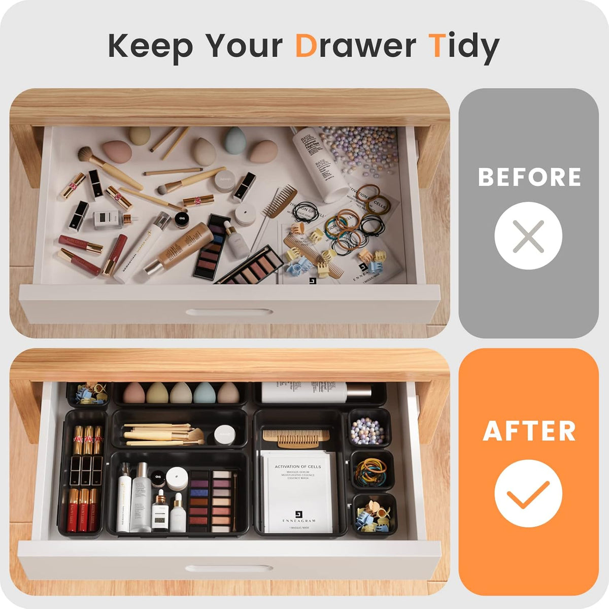 【28PCS】A-LUGEI Drawer Organizer, Bathroom Organizers and Storage, Makeup organizer, Desk drawer organizer, Storage Bins for Kitchen Office Bedroom Vanity Jewelry Pantry Garage【Black】【4Size】