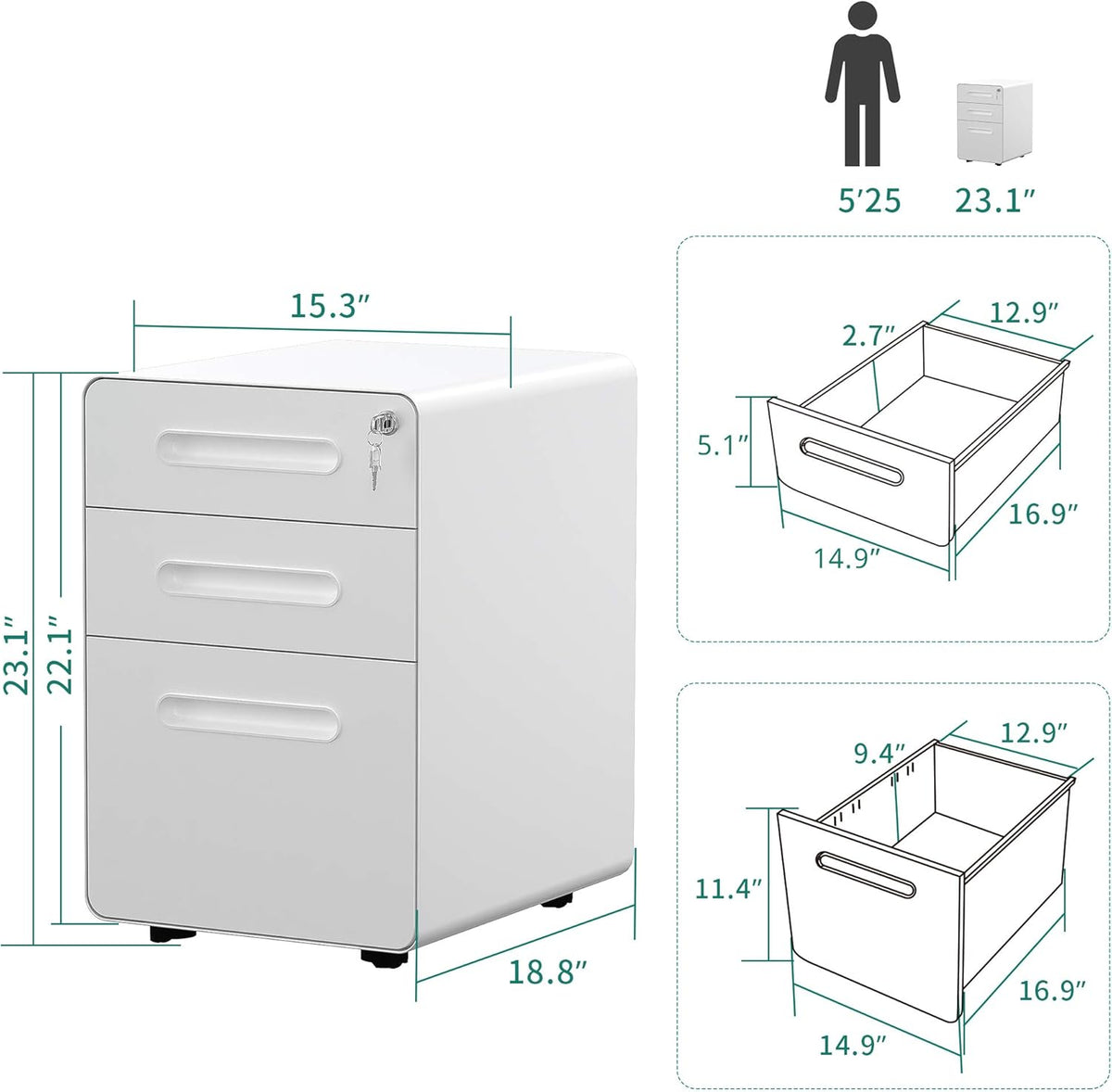 YITAHOME 3 Drawer Mobile File Cabinet, Metal Vertical File Cabinet with Lock, Filing Cabinet Under Desk fits Legal/A4 Size for Home Office, Fully Assembled, White