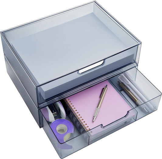 STORi STAX Plastic Stackable Organizer Drawers (Set of 2) Classic Grey | 12.5" Wide | Set Includes One Open Drawer & One Divided Drawer | Organize Office Desk Accessories & Sort Paper | Made in USA