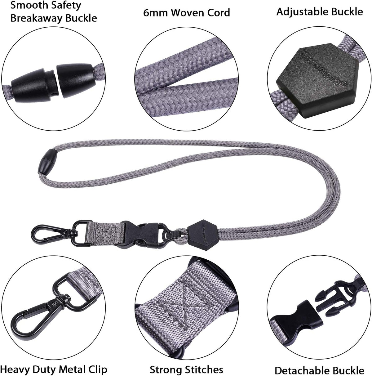 Wisdompro 2 Pack of 23 inch Durable Round Cord Heavy Duty Lanyard with Safety Breakaway Buckle, Detachable Buckle and Metal Hook for ID Card Badge Holder and Keys - Black and Gray