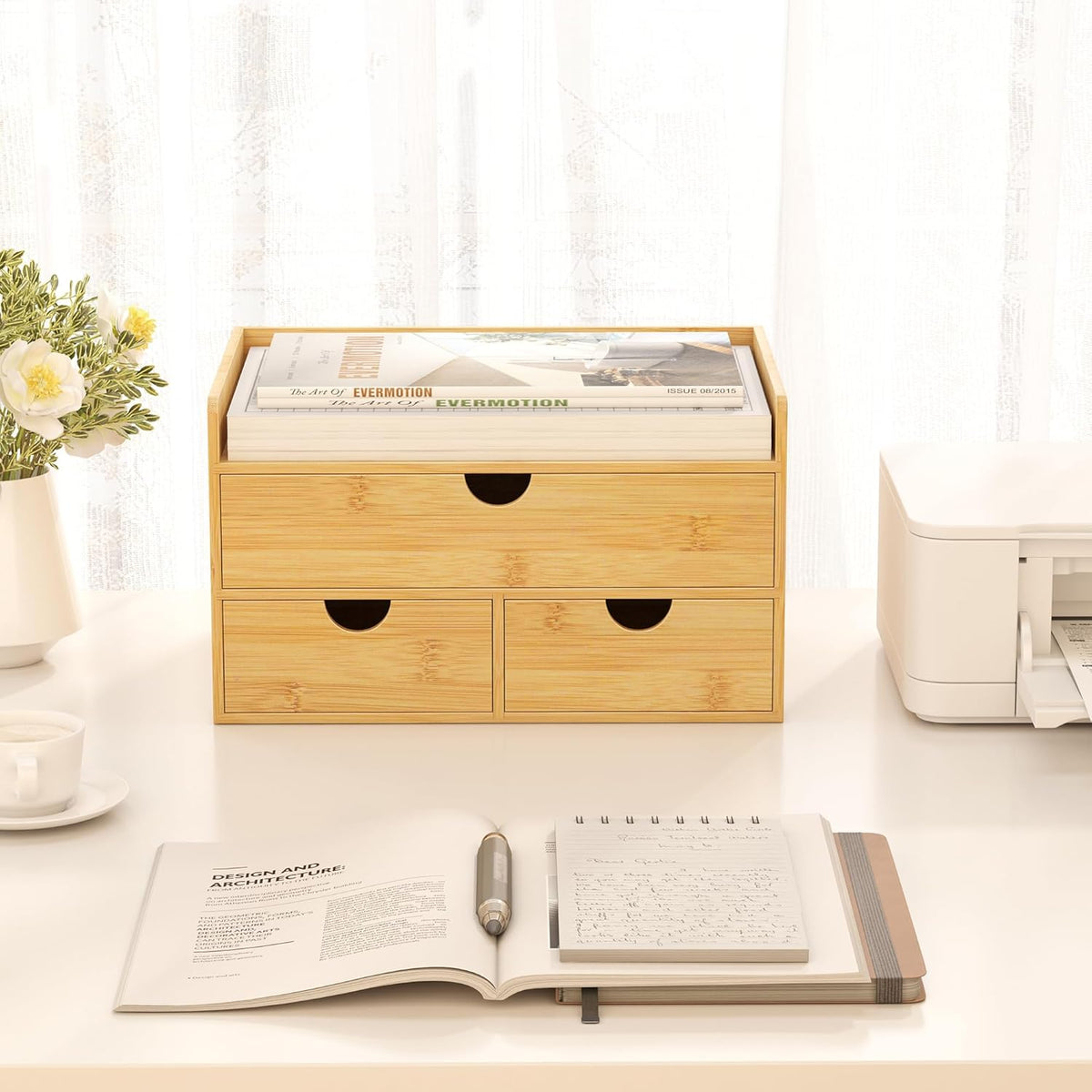 Desk Organizer with Drawers - Bamboo Desktop Organizer Storage | Wood Desk Drawers Organizer for Bills, Office Supplies, Cosmetics, Seals No Assembly Required