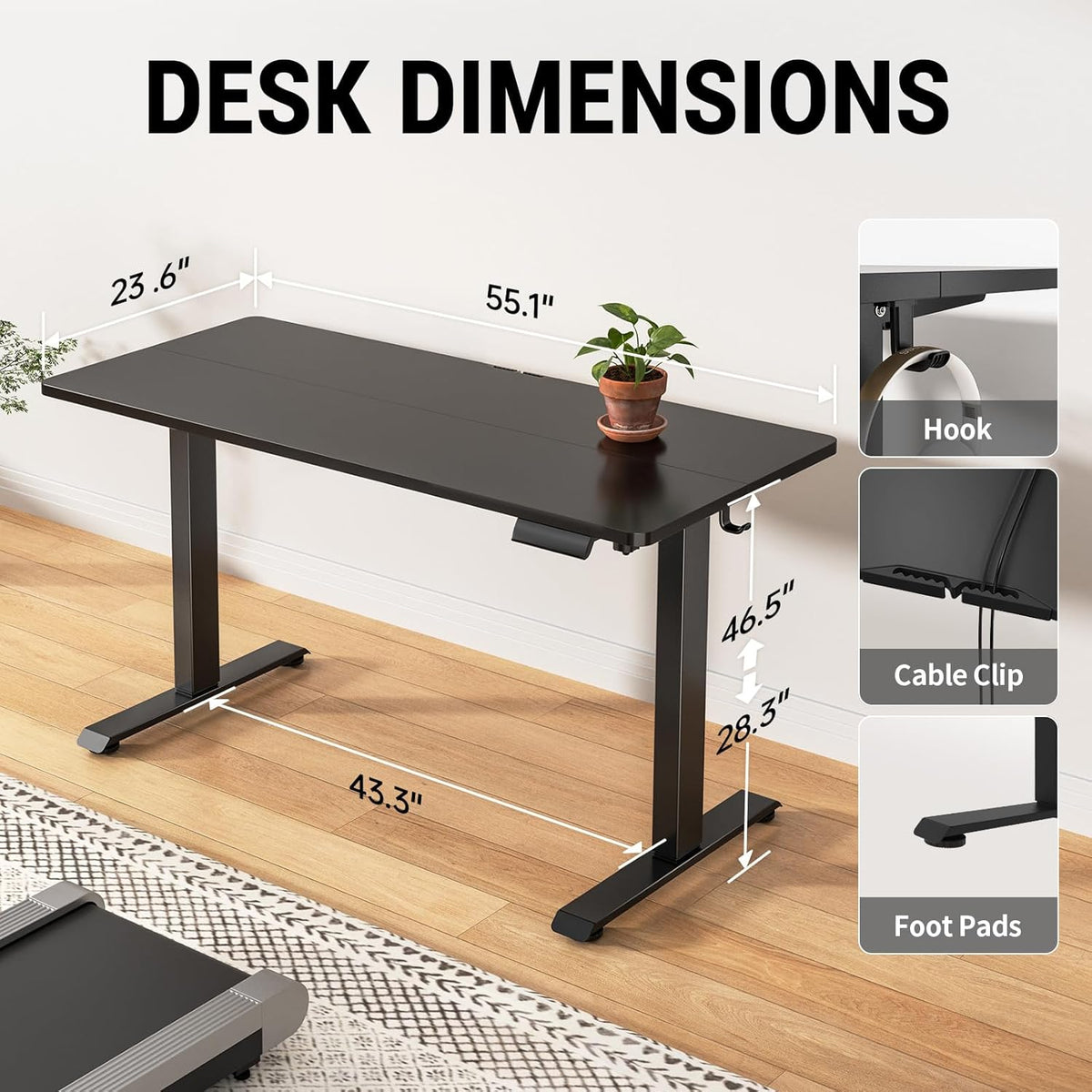 Veken 55 Inch Large Electric Standing Desk, 4 Memory Heights Adjustable,Sit to Stand Up, Work Home Office Computer Table for Study, Walking Pad, Writing, and Games, Wooden Desktop Desks, Black