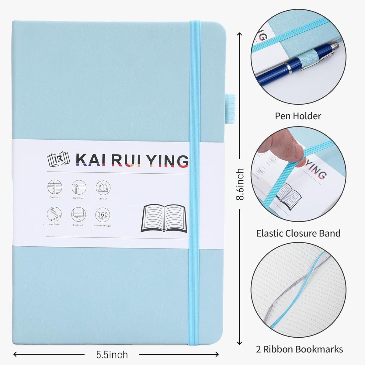 KaiRuiYing Lined Journal Notebook with Pen Holder, 160 Pages, 5.5'' × 8.6'' Medium Size A5-100 GSM Thick Paper, for Writing, Work, Office, Leather Hardcover