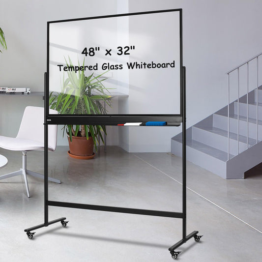 TSJ-OFFICE Rolling Clear-Glass Whiteboard on Wheels - 48" x 32" Mobile Dry Erase Board with Stand, Large Rolling White Board with 25 Sheets Paper Pad, Transparent Tempered Glass Board for Home Office