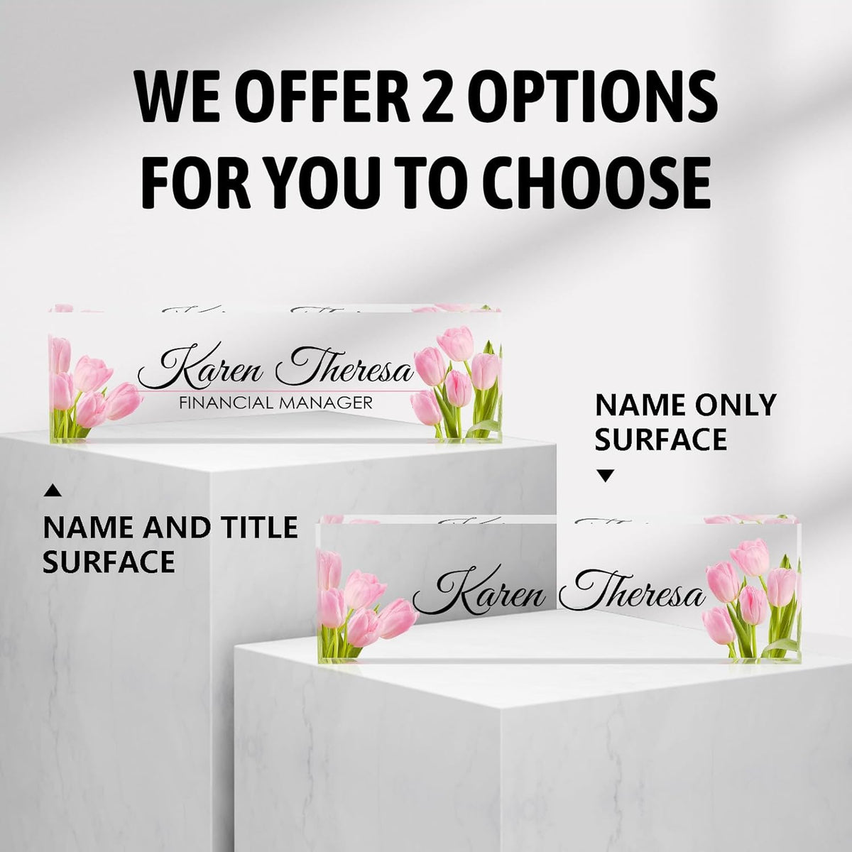 Custom Office Name Plate, Personalized Gifts for Women & Employees, Office Desk Accessory (Pink Tulip)