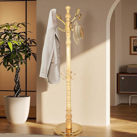 Solid Wood Coat Rack Stand with 14 Hooks, Vintage Coat Rack Freestanding with Heavy Duty Metal Base, Adjustable Height Coat Hanger Stand Hall Tree Fits Entryway Bedroom Office for Coat,Bag,Hat