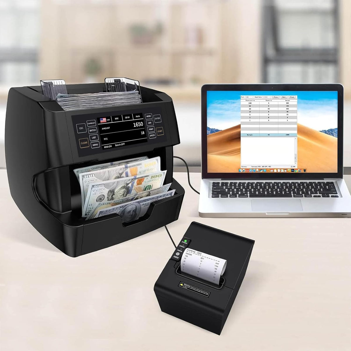 NUCOUN VC-3 Money Counter Machine Mixed Denomination, Value Counting, CIS/UV/IR/MG/MT Counterfeit Detection, USD/Euro/CAD/MXN, Printer Enabled Bill Cash Counter for Business